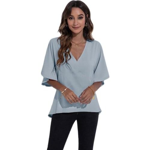 Hot-Selling Good Quality Womens 2021 Summer New Product Fashion V-Neck Simple Stitching Solid Color Chiffon T-Shirt Top