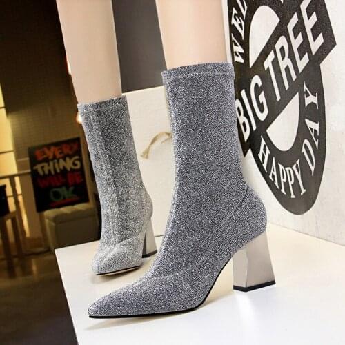 Sexy Sock Boots Metal Heels Women Boots Stretch Knitting Ankle Boots For Women Winter Shoes Ladies Autumn High Heels Boot White