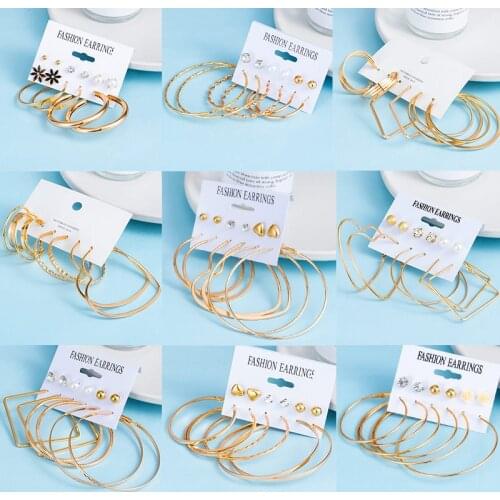 2021 Korean New Fashion Geometirc Metal Hoop Earrings Set For Women Gold Silver Color Round Hoop Earrings Trend Jewelry Gifts