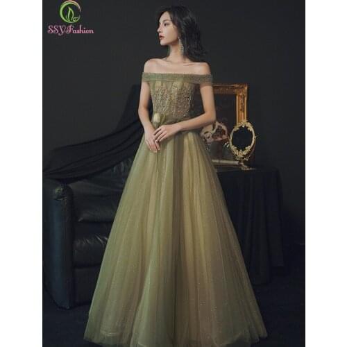 SSYFashion New Army Green Evening Dress Elegant Boat Neck A-line Sequins Beading Prom Formal Gowns for Women Vestidos De Noche