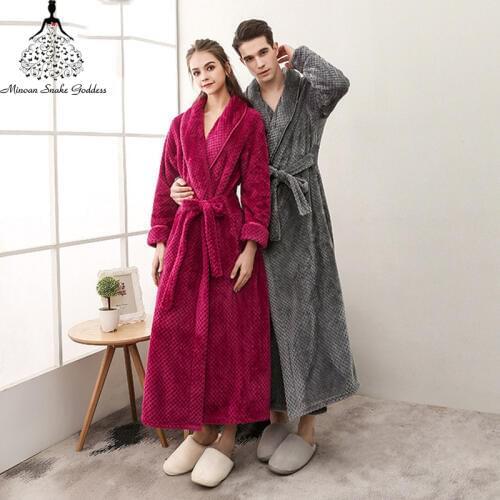 Winter Male Femlae Bathrobe Flannel Thick Robe Long Sleeve Soft Warm Bathrobe Men Women Home Wear Gown Robes Dressing Gown