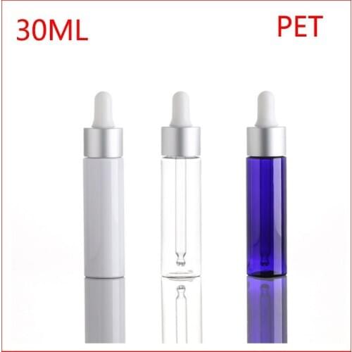 30ml Empty PET plastic dropper bottle with silve collar and white Bulb Perfume Sample Tubes For Essential Oil Refillable Bottles