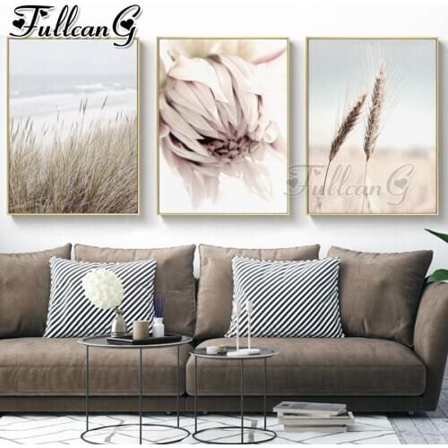 FULLCANG 5d diy diamond embroidery Pink flower wheat landscape diamond painting triptych full square round drill decor FC2984
