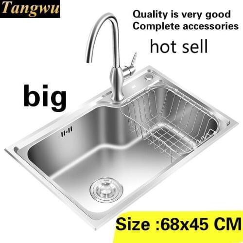 Free shipping Apartment high quality large kitchen single trough sink 304 stainless steel hot sell 68x45 CM
