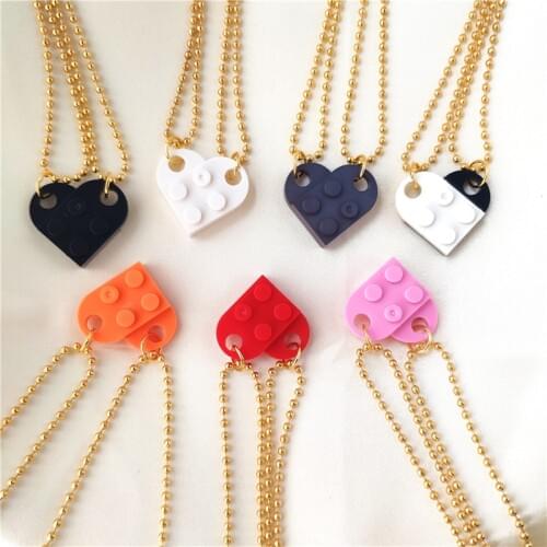 2Pcs Beads Chain Necklace Lego Building Brick Heart Necklace for Women Men Valentines Gift Cute Couple Pendant Necklace Jewelry