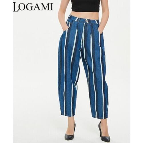 LOGAMI Fashion High Waist Boyfriend Jeans Street Style Loose Casual Jeans Striped Harem Trousers Denim Pants