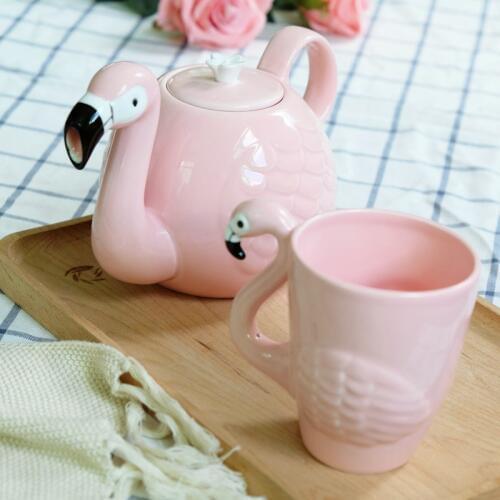3D Cartoon Flamingos Bird Teapots Super Beauty ins Girl Pink Ceramic Cute Animal Coffee Mug Tea Pot Cup Birthday Gift Decoration