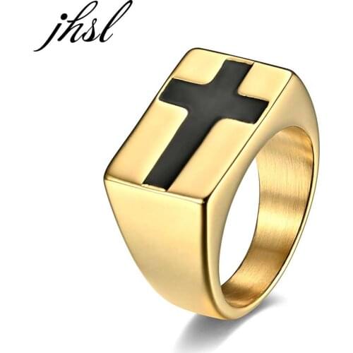 JHSL 13mm Big Large Cross Rings for Men Golden Silver Color Stainless Steel Fashion Jewelry Size 8 9 10 11 12
