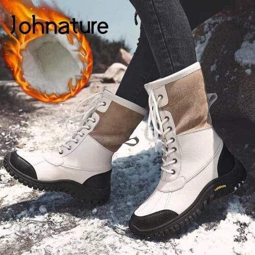Johnature Ankle Snow Boots Women Shoes Lace-up 2021 New Winter Plush Warm Round Toe Thicken Waterproof Non-slip Platform Boots
