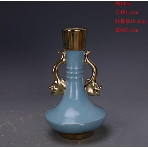 Song Dynasty Ru Kiln Celestial Celadon Glazed Gilt and Gold Double Ear porcelan Vase