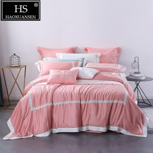 Pink 100% Tencel Lyocell Lace Bedding Sets 4 Piece 650 Thread Count Soft Breathable Quilt Cover Sheet Pillowcase Queen King Size
