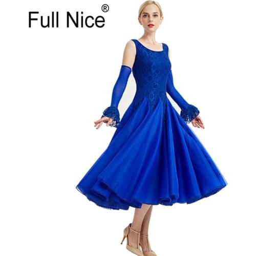 Royal blue Ballroom dance dress Modern dance lace glove One piece Lesson wear Flamenco rumba Samba waltz dress Standard practice