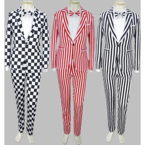 New Mens Wedding Suits Tuxedo Set Slim Fit Men Suit Brand Blazer Black And White Plaid Stripes Jacket Dress Men Stage Costume