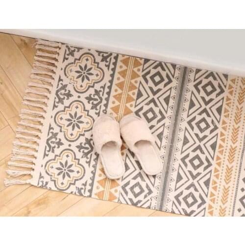 Cotton and Linen Tassel Woven Carpet Floor Mat Door Bedroom Tapestry Decorative Blanket Tea Living Room Carpet Area Rug