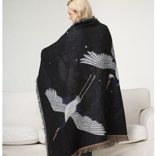 Carpet Japanese Style Casual Retro Decorative Blanket Winter Warm Vintage Black Crane Printing Fashion High Quality Rug Blanket