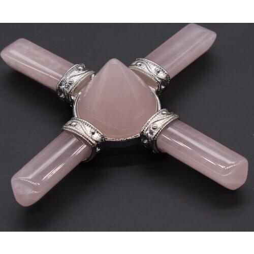 Trendy-beads Beautiful Silver Plated Hexagon Column Connect Round Pyramid Natural Rose Pink Quartz Pendant
