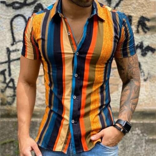 Men Vintage Striped Print Cardigan Tops Fashion Mens Shirt Summer Streetwear Casual Short Sleeve Turn-down Collar Button Shirts