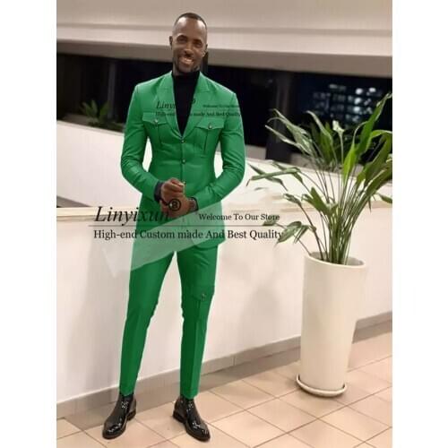 New Arrive Double Breasted Green Suits Slim Fit Tuxedo Men Formal Business Work Wear Suits 2Pcs Set (Jacket+Pants)
