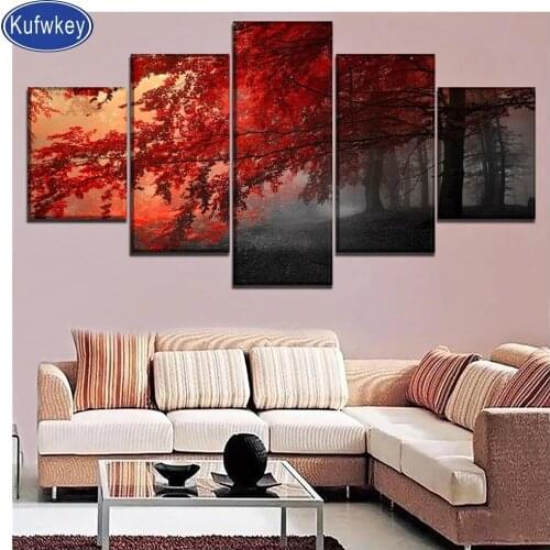 Autumn Forest Red Tree Diamond Embroidery 5 Panel 5d diy diamond painting full drill square Round Diamond mosaic kits