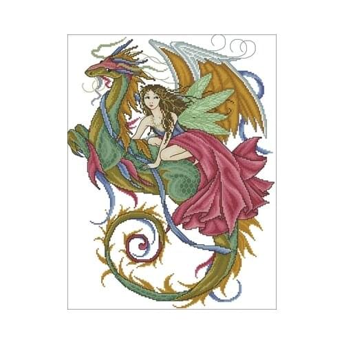 Joan Elliott Fairy Riding a Dragon (Red Dress) Counted Cross Stitch 11CT 14CT 18CT Cross Stitch Kits Embroidery Needlework Sets