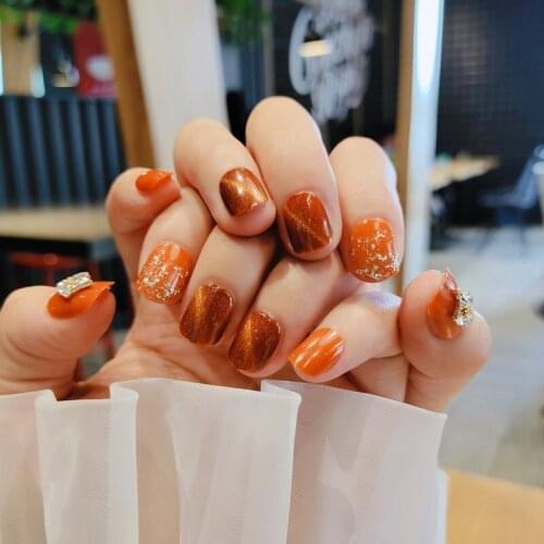 Fake Nails Pumpkin Color Cat Eye Diamond Nail Stickers Finished Nail Stickers 24 Nail Stickers With Glue MH88