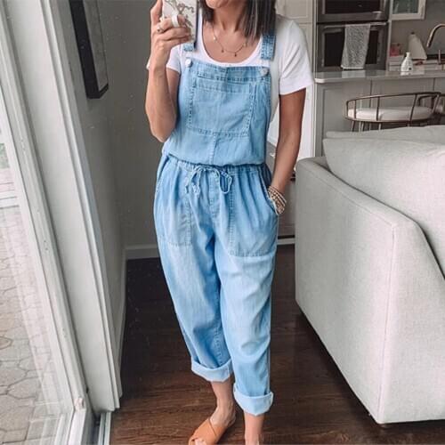 New Fashion Denim Jumpsuits Women Casual Jumpsuit Drawstring Overalls Female Summer Loose Rompers Комбинезон Женский 2021 #T1G