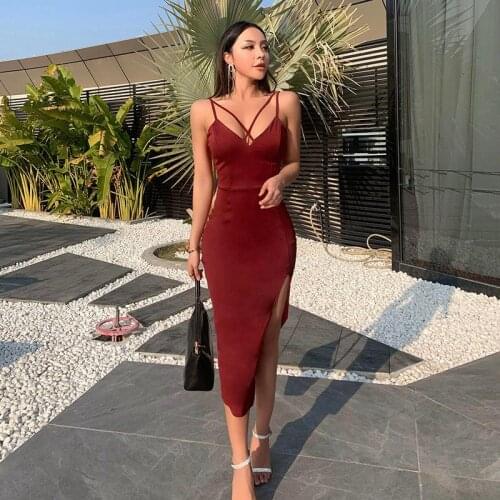 Sexy Double Suspender Dress Female Fashion Bodycon Midi Elegantes Evening Dresses Party Black Split Robe Vestidos De Fiesta