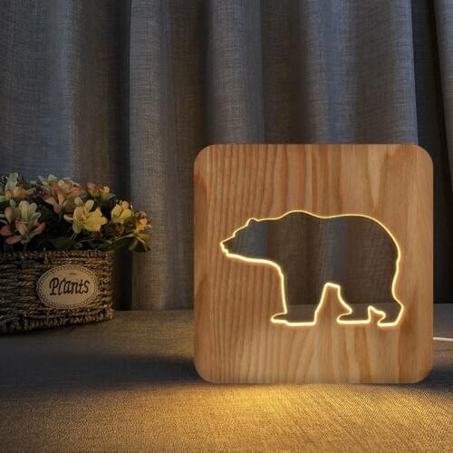 Polar Bear 3d Led Wooden Lamps Children Bedroom Decoration Bedside Night Light Creative Animal Wood Hollow Carving Table Lamp