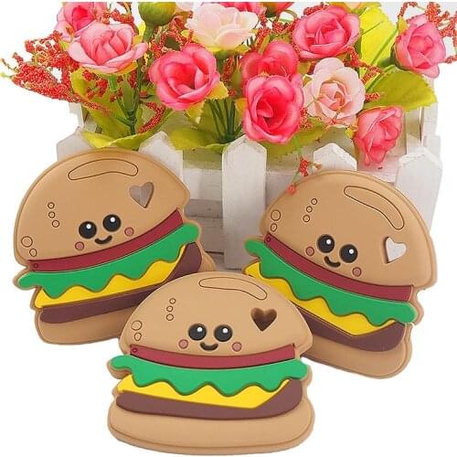 Chenkai 10PCS BPA Free Silicone Hamburger Teethers Sensory Chewing Pacifier DIY Baby Necklace Pendant Teething Chewing Toys