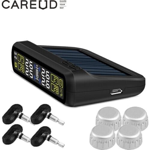 TPMS CAREUD solar power and USB charge car wireless tire pressure monitoring system with 4 internal/external sensors LCD display