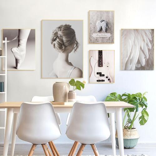 Nordic Angel Wings Girl Portrait Ballet Canvas Painting Guitar Wall Picture Back View Abstract Path Poster Living Room Decor