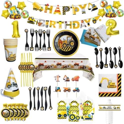 Construction Theme Birthday Party Disposable Party Tableware for boys Birthday Decoration Cartoon Car Party Balloons Plates Cup