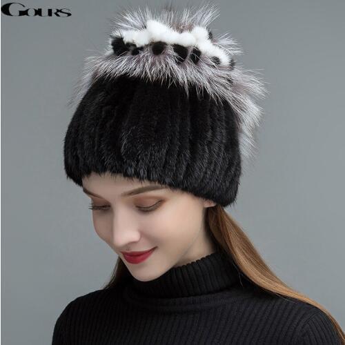 Gours Fur Hats for Women Luxury Black Real Mink Fur Caps Warm In The Winter Female Fashion Fox Fur Floral New Arrival GLH027