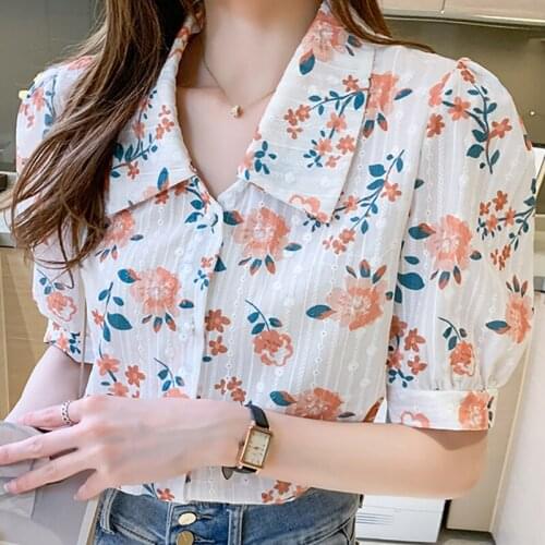 Summer 2021 New Korean OL Suit Collar Ladies' Tops Short Sleeve Chiffon Blouse Womens White Shirt Cardigan Ropa De Mujer DROWYD