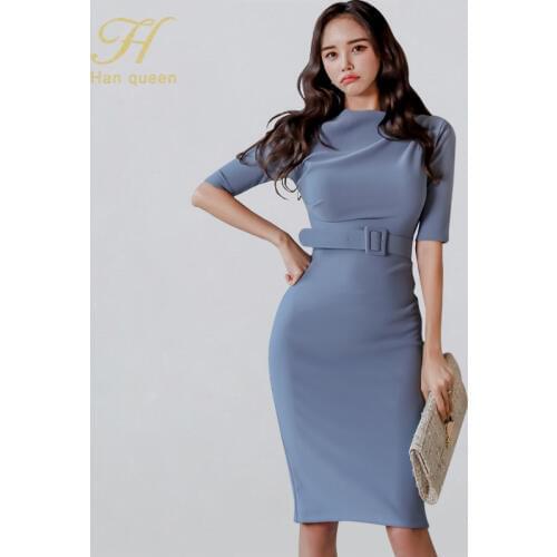 H Han Queen Slash neck Elegant Sexy Pencil Dress Women 2020 Spring Slim Business Sheath Bodycon Dresses OL Office Wear Vestidos