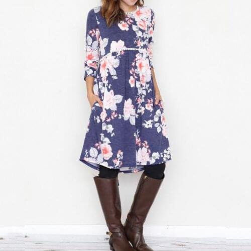 NEW Fashion Floral Midi Dress for Women 2020 Loose A-line Elegant Dresses Ladies Autumn and Winter Pleated O-neck Vestidos Femme