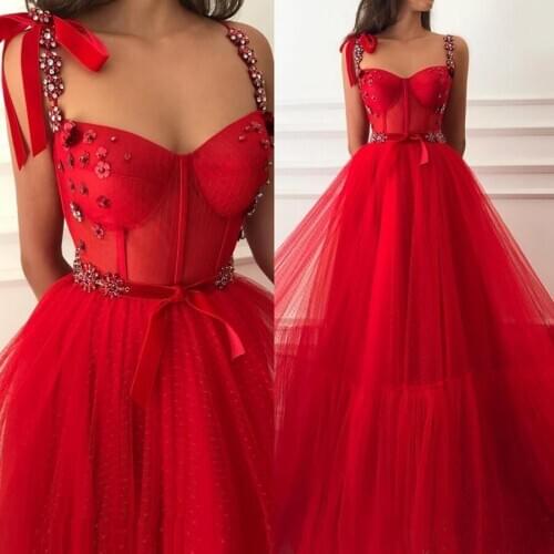 Simple Spaghetti Straps Handmade Flower Crystal Floor Length Tulle Red Prom Dresses 2020 Long Prom Gown robe de soiree For Women