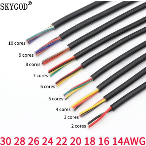 1M 24AWG UL2464 Sheathed Wire Cable Channel Audio Line 2 3 4 5 6 7 8 9 10 Cores Insulated Soft Copper Cable Black White