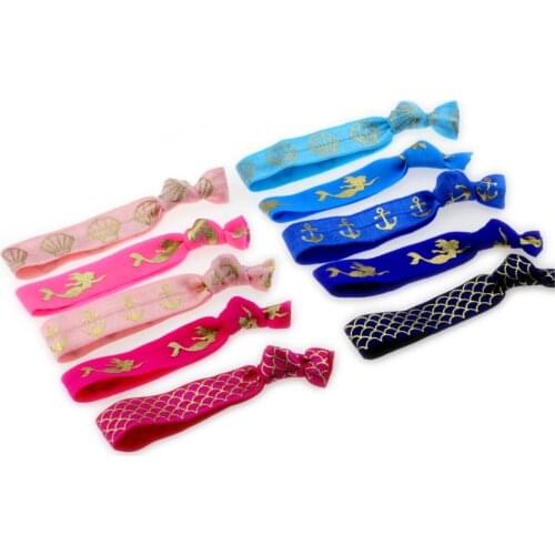 5/8"16mm 100pcs/pack Gold Foil Mermaid Scale Anchor Printed Fold Over Elastic Ribbon Knotted Bracelet Holder 9.5cm