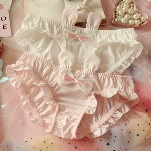 Japanese Soft Girl Cute Rabbit Ear Bow Pink White Low Waist QMilch Student Underwear Fat Times