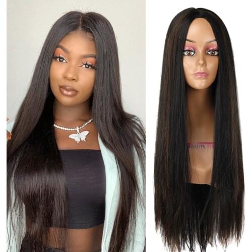 Long Straight Blonde Wig For Women Highlight Black White Red Body Wave Wigs Middle Part Synthetic Fake Hair Lolita Wigs 28Inch