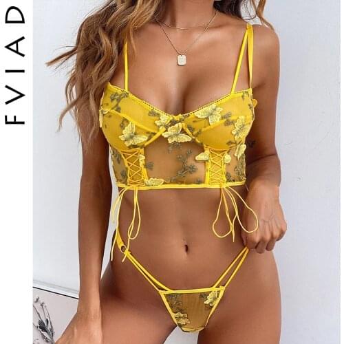 2020 Sexy Underwear Women Lace Cut Out Bandage Underwear Erotic Suspender Butterfly Embroidery Suit Two Piece Set