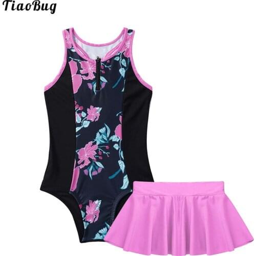 TiaoBug Summer 2Pcs Kids Girls Swimsuit Round Neck Sleeveless Racer Back One-Piece Swimming Bodysuit And Skirt Tankini Set