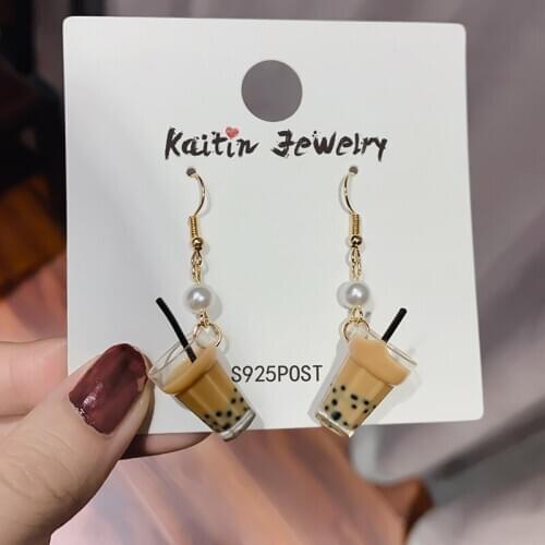 Fashion Plastic Dangle Earrings Women Cute Romantic Simulation Popular Pendant Earrings Pearl Milk Tea Food Earrings for Women