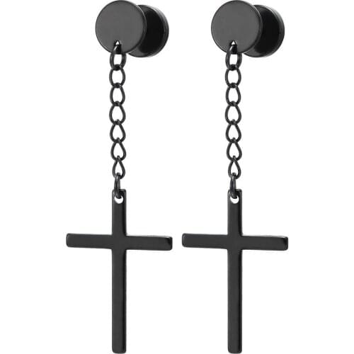Punk Retro Black Cross Pendants Round Stud Earrings For Women Men Fashion Stainless Steel Minimalism Jewelry Earring Wholesale