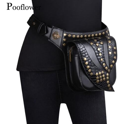 Pooflower Fanny Packs for Women Punk Rivet PU Leather Waist Bag Men Rock Bum Bag Vintage Chest Bag Unisex Running Belt Bag ZH097