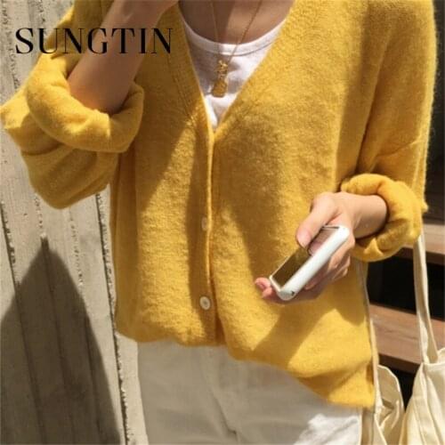 Sungtin Cozy Women V Neck Thin Solid Sweater Cardigan Single Breasted Spring Female Korea Vintage Loose Knit Cardigan 2021 Retro