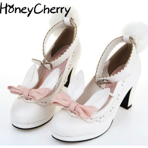 2019 rabbit ears shoes ribbon fluffy pumps single high heel shoes student lolita shoes