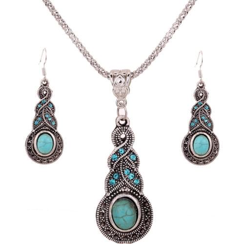 Vintage Wedding Jewelry Sets Shellhard Fashion Women Blue Stone Crystal Pendant Necklace Earrings Punk Bijoux Kolye Brincos