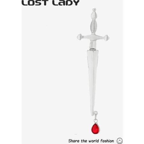 Lost Lady Hip-hop Long Sword Handle Earrings Fashionable Cool Red Gem Water Drop Dagger Shape Single Pack Womens Party